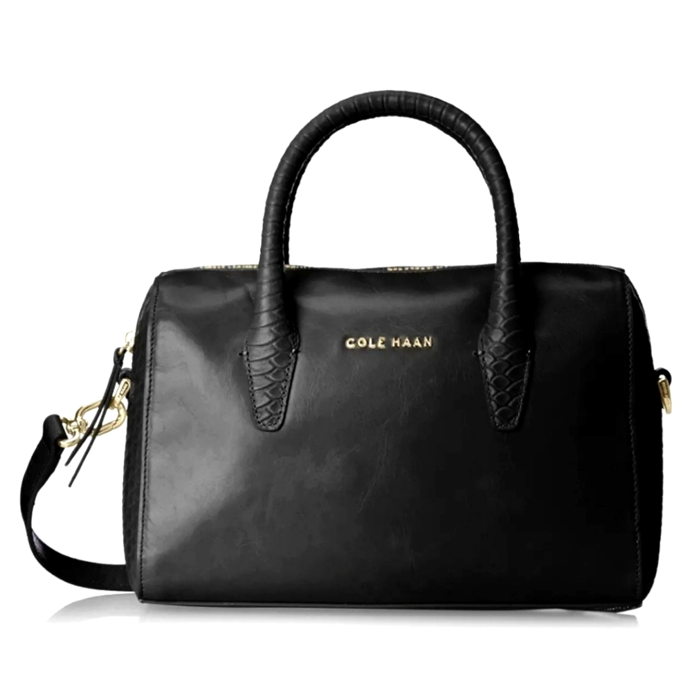 COLE HAAN Black Leather Mini Satchel Handbag Crossbody Top Handle Reptile Print
